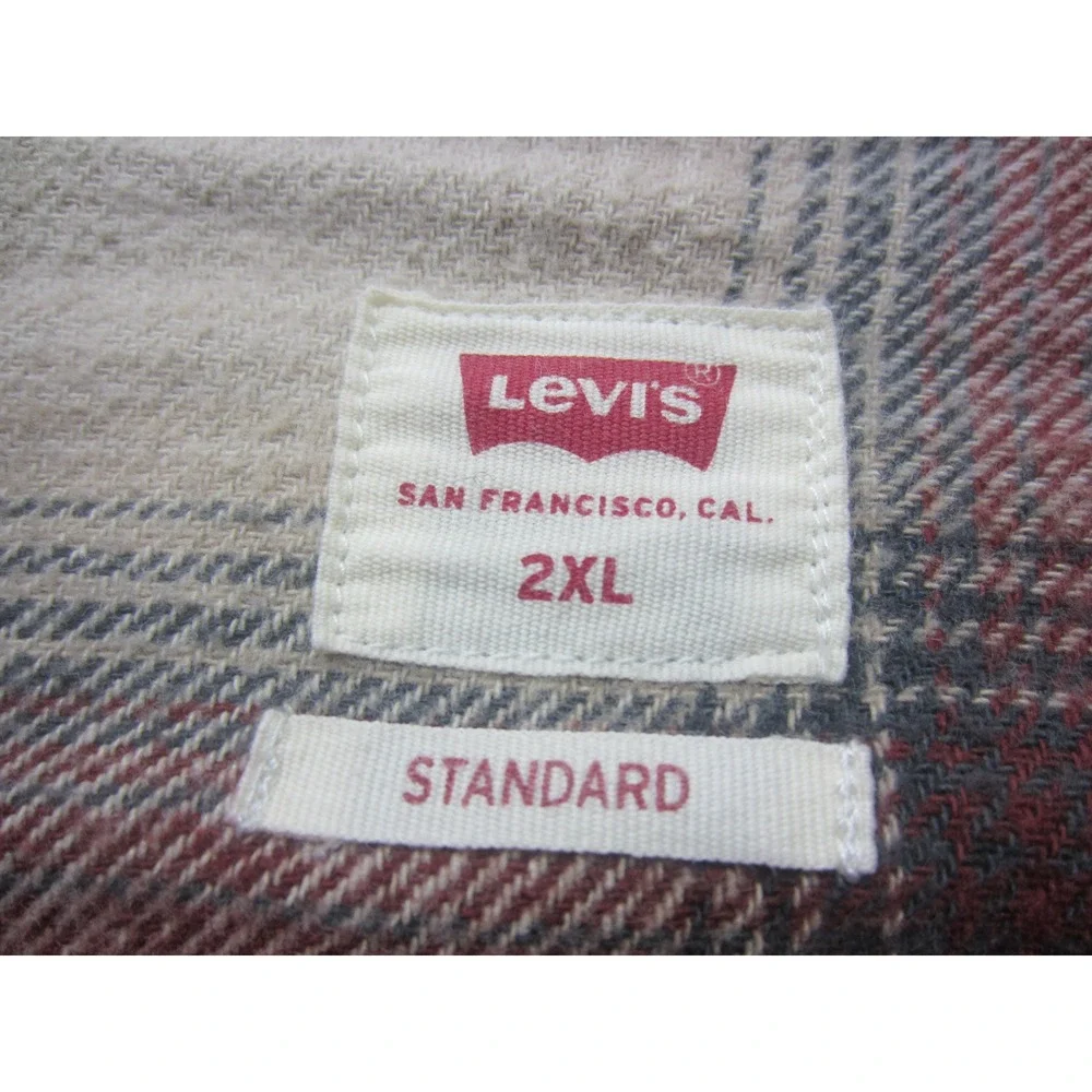 Levis Mens 2XL Western Flannel Shirt Red Plaid Cotton Pearl Snap Button